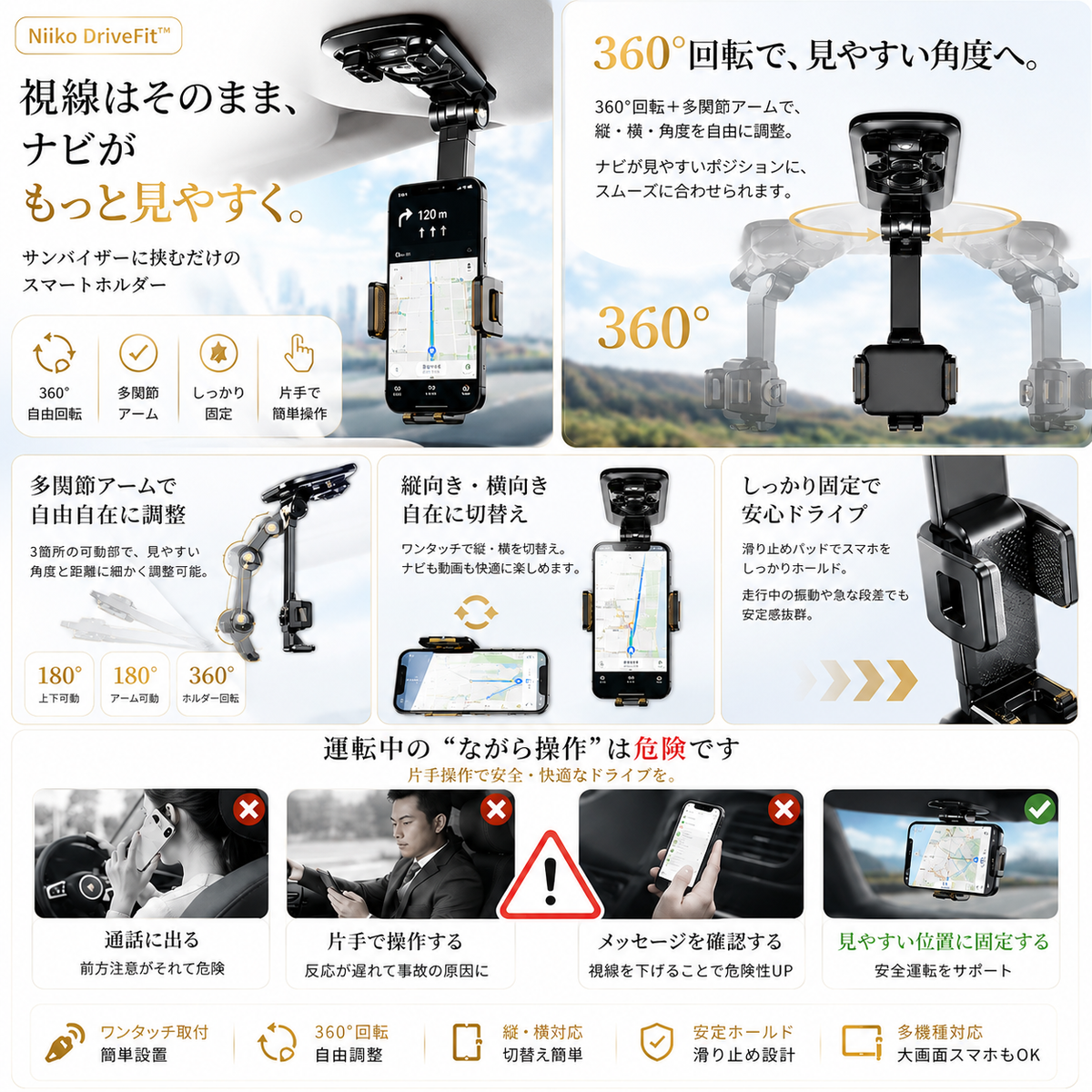 Niiko DriveFit™｜サンバイザー式 多機能スマホホルダー